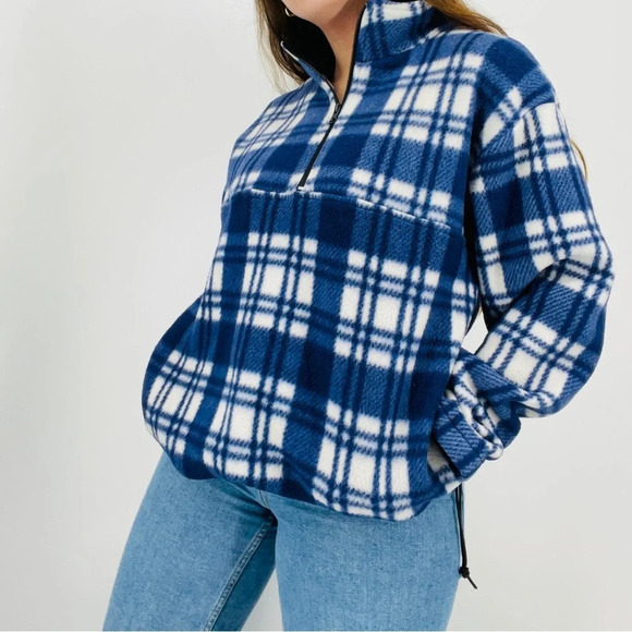 vintage granola girl blue plaid campfire pullover quarter zip fleece sweatshirt - Picture 2 of 7